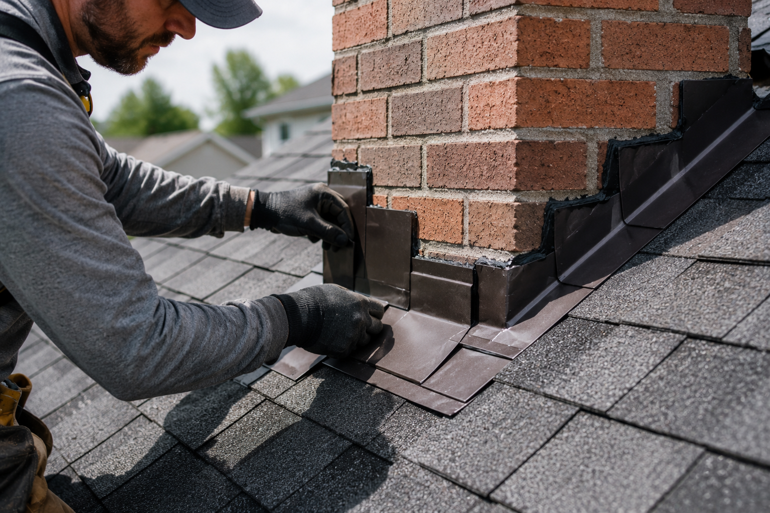 Roofing contractor installing metal roof flashing around a chimney on a residential home in Alberta