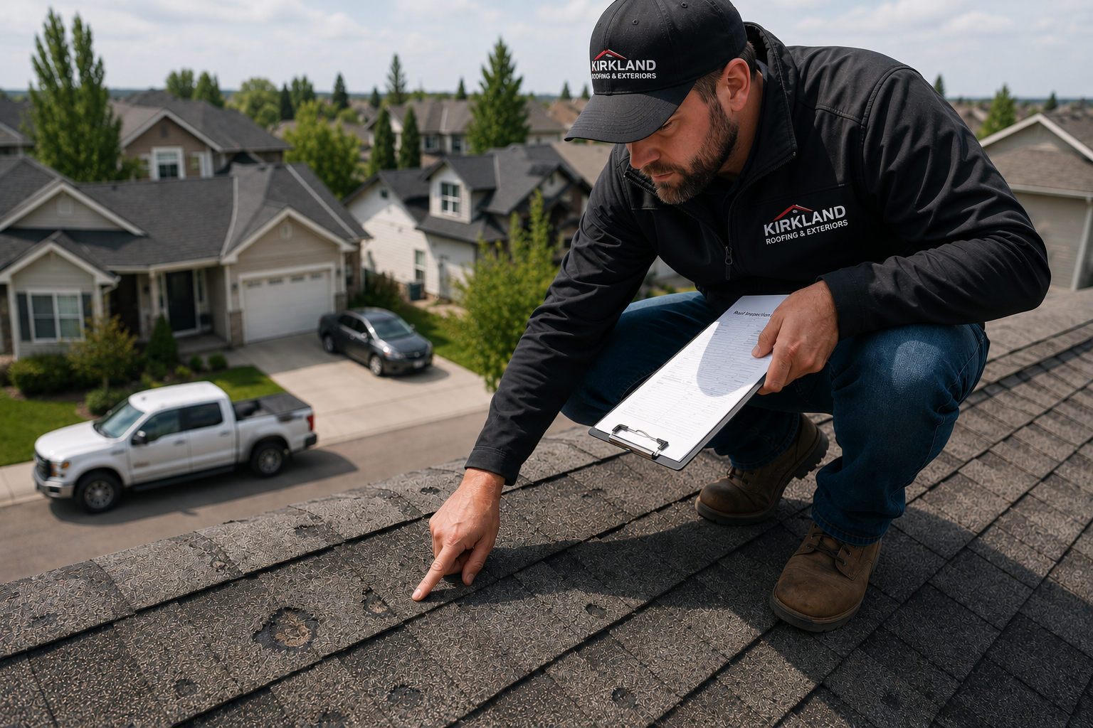 Roofing contractor inspecting hail damage on asphalt shingles on an Alberta residential roof after a storm