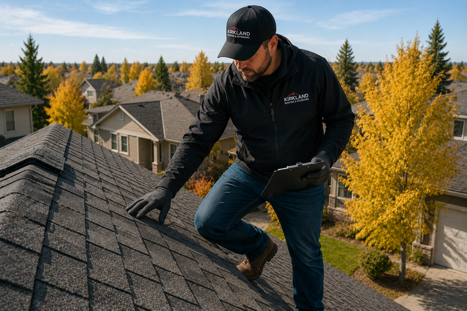 Homeowner and roofing contractor doing a pre-winter roof inspection on a residential home in Alberta in autumn