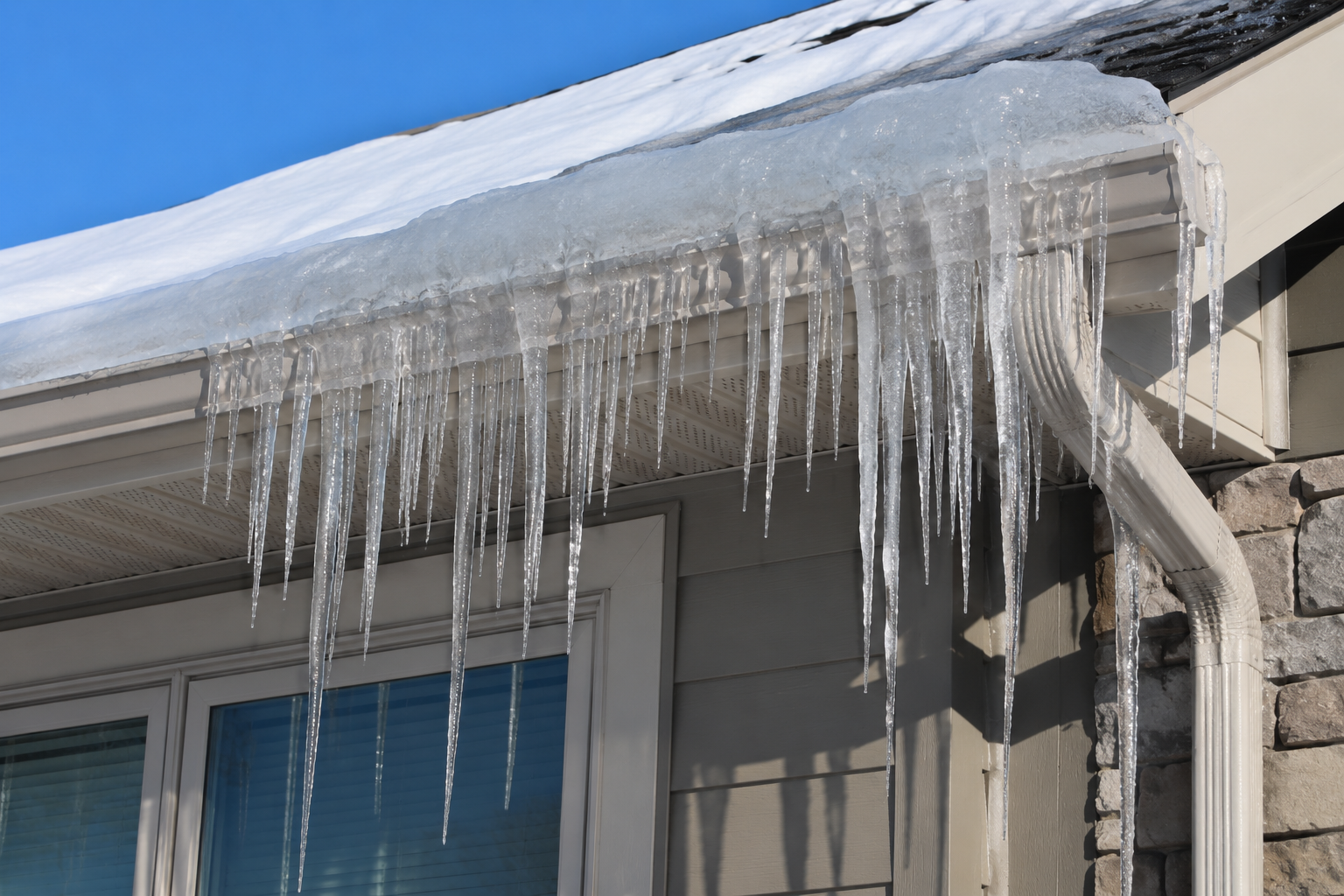 Ice dam forming along the eaves of a residential roof in Alberta winter with large icicles visible