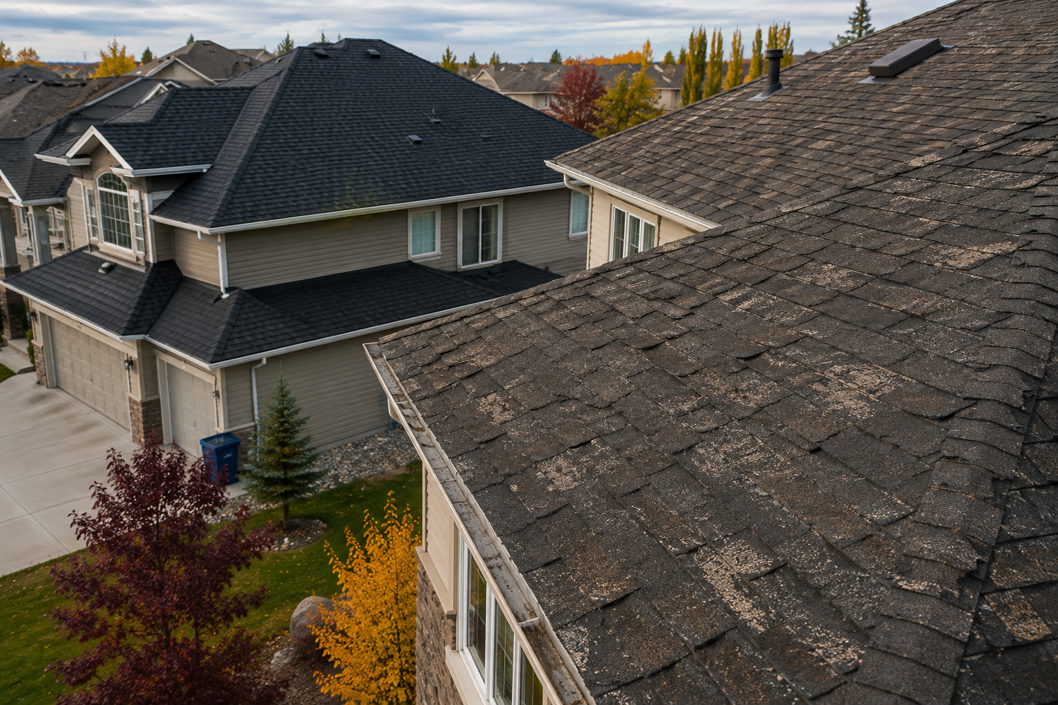 Residential home with asphalt shingle roof in Alberta neighbourhood showing signs of aging near end of service life