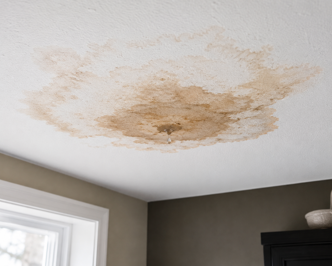 Water stain on interior ceiling of Alberta home indicating an active roof leak that needs professional repair