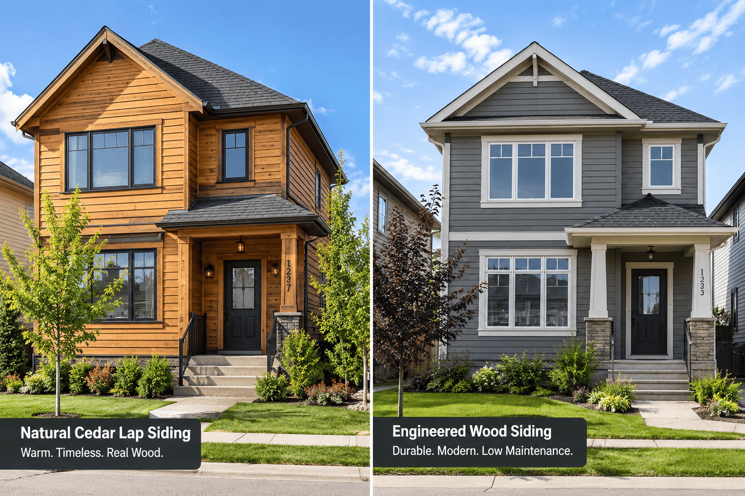 Side by side comparison of natural cedar wood siding and engineered wood siding on residential homes in Alberta